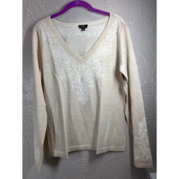 Talbots Beige Fine Merino Wool V Neck Paisley Swater Womens Size Large NWOT - Picture 1 of 5